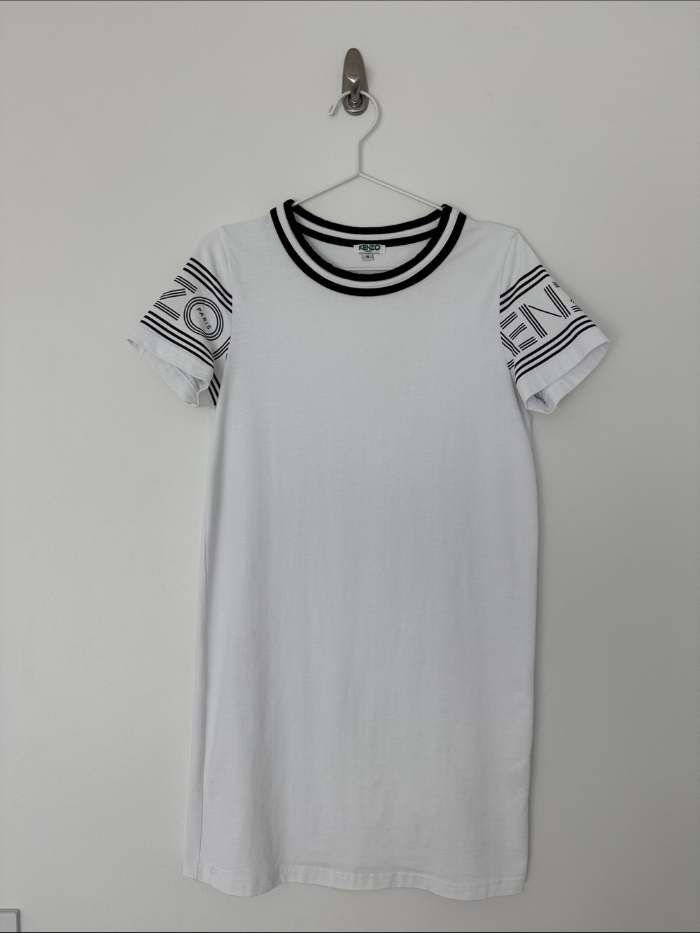 Kenzo White Mini T-Shirt Dress with Black Stripe Accents